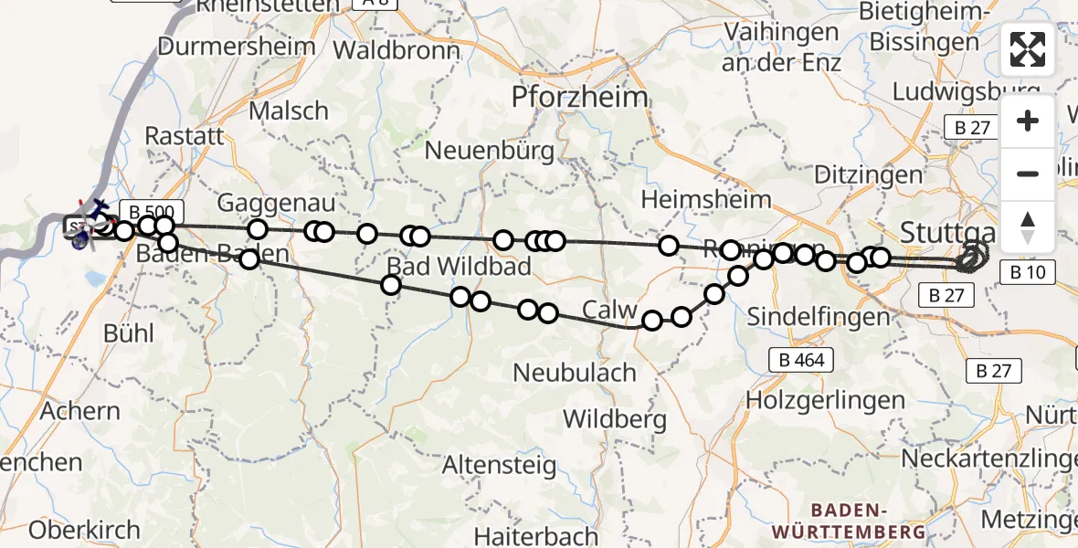 Flugroute Polizeihubschrauber Karlsruhe Baden-Baden Flughafen - Karlsruhe Baden-Baden Flughafen, 15 August 2026, 22:51