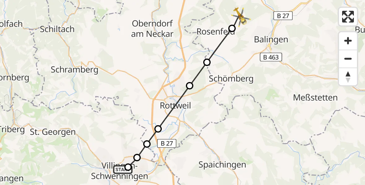 Flugroute Ambulanzhubschrauber DRF Air Rescue Station Villingen-Schwenningen Hubschrauberlandeplatz (Christoph 11) - Geislingen, 15 August 2026, 23:09