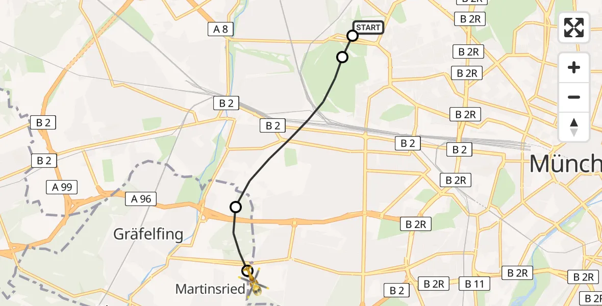 Flugroute Rettungshubschrauber Dritter Orden University Hospital - DRF Air Rescue München Hubschrauberlandeplatz, 15 August 2026, 23:30