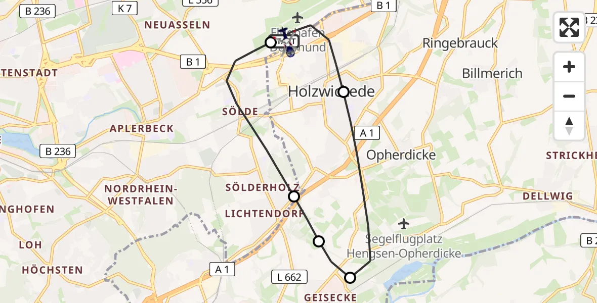 Flugroute Polizeihubschrauber Dortmund Flughafen - Dortmund Flughafen, 15 August 2026, 23:42