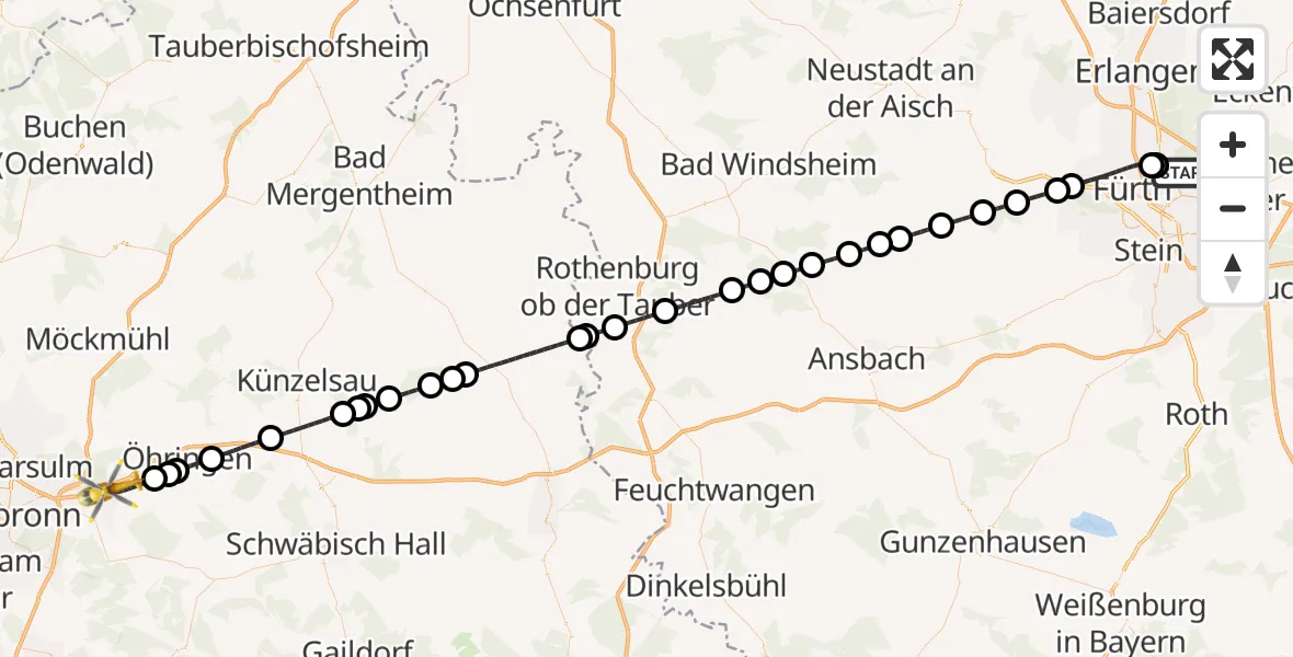 Flugroute Rettungshubschrauber Flughafen Nuremberg - Bretzfeld, 15 August 2026, 23:43