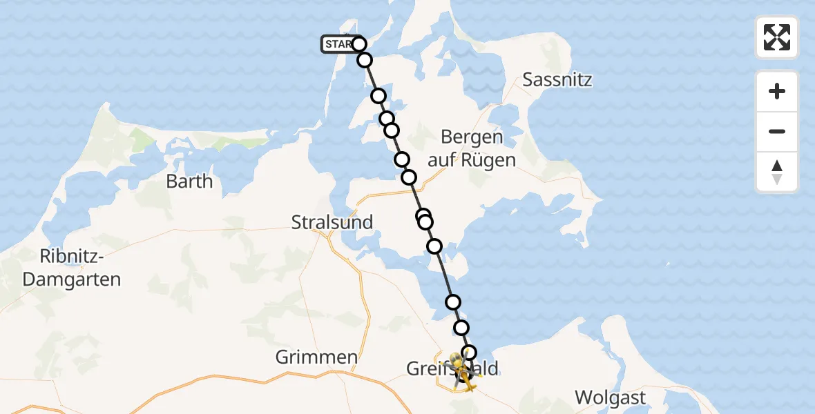 Flugroute Rettungshubschrauber Insel Hiddensee - Greifswald Hospital, 15 August 2026, 23:44
