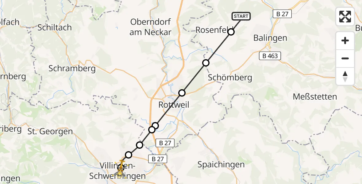 Flugroute Ambulanzhubschrauber Geislingen - DRF Air Rescue Station Villingen-Schwenningen Hubschrauberlandeplatz (Christoph 11), 16 August 2026, 00:06
