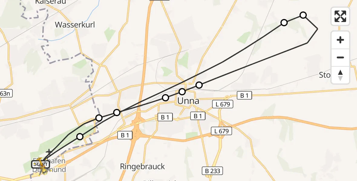 Flugroute Rettungshubschrauber Dortmund Flughafen - Dortmund Flughafen, 16 August 2026, 00:11