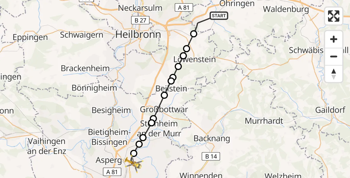 Flugroute Rettungshubschrauber Bretzfeld - Ludwigsburg, 16 August 2026, 00:58