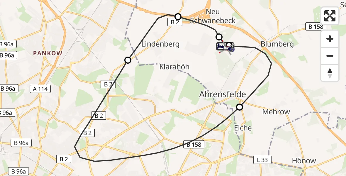 Flugroute Polizeihubschrauber Ahrensfelde Hubschrauberlandeplatz - Ahrensfelde Hubschrauberlandeplatz, 16 August 2026, 01:23