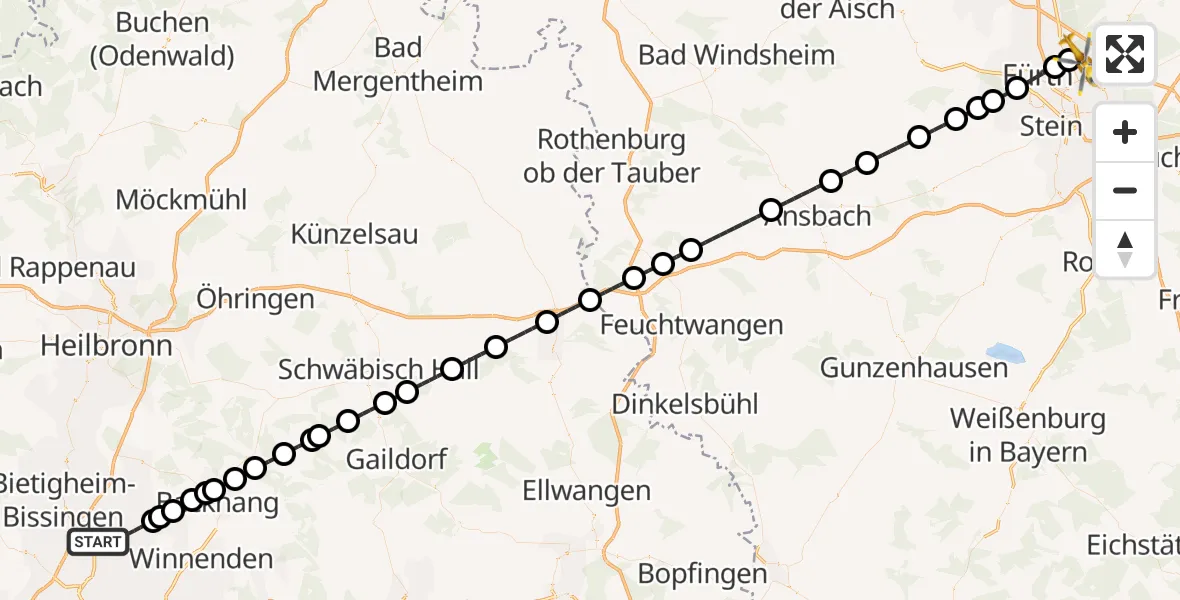 Flugroute Rettungshubschrauber Ludwigsburg - Flughafen Nuremberg, 16 August 2026, 01:38