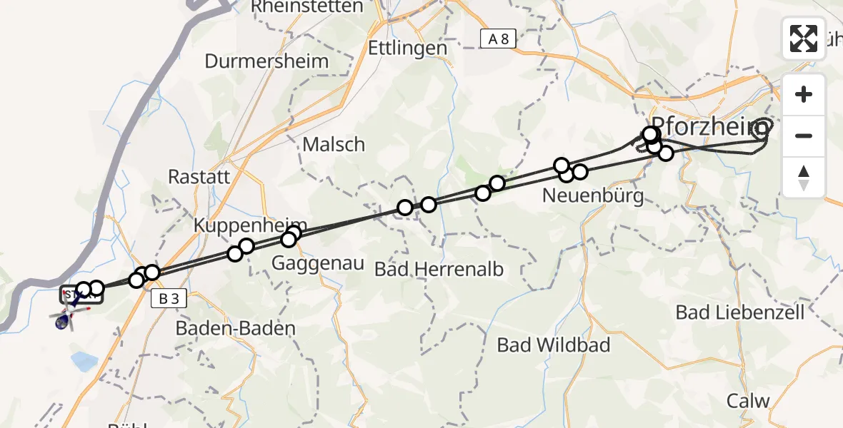 Flugroute Polizeihubschrauber Karlsruhe Baden-Baden Flughafen - Karlsruhe Baden-Baden Flughafen, 16 August 2026, 01:46
