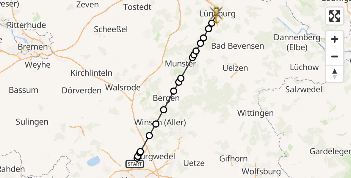 Flugroute Rettungshubschrauber Flughafen Hannover - Lüneburg, 16 August 2026, 03:11