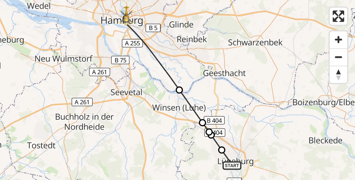 Flugroute Rettungshubschrauber Lüneburg - Hamburg, 16 August 2026, 04:21