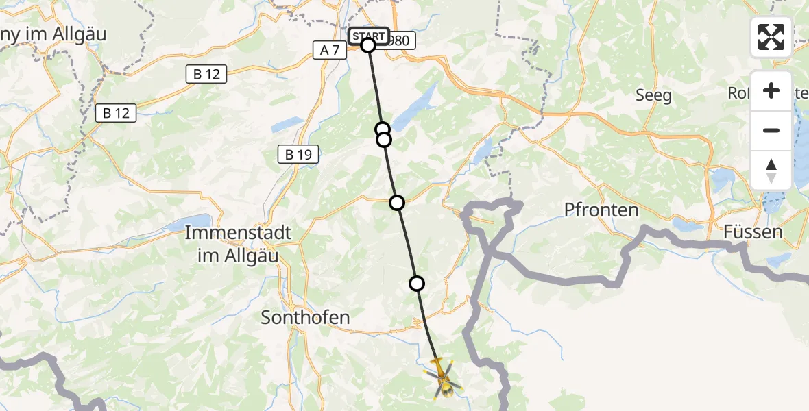 Flugroute Rettungshubschrauber Kempten-Durach Flugplatz - Bad Hindelang, 16 August 2026, 05:00
