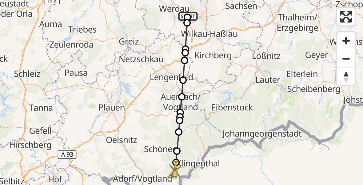 Flugroute Rettungshubschrauber ADAC Air Rescue Station Zwickau Hubschrauberlandeplatz - Markneukirchen, 16 August 2026, 05:37