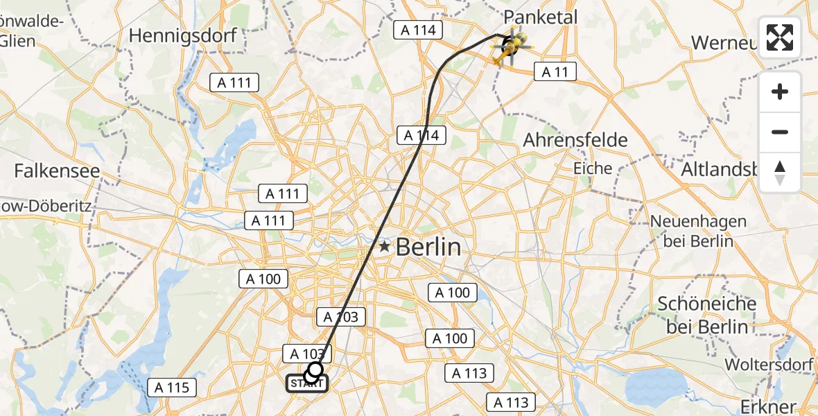 Flugroute Rettungshubschrauber Charité Clinic Benjamin Franklin Campus - Helios Clinic Berlin-Buch, 16 August 2026, 05:47