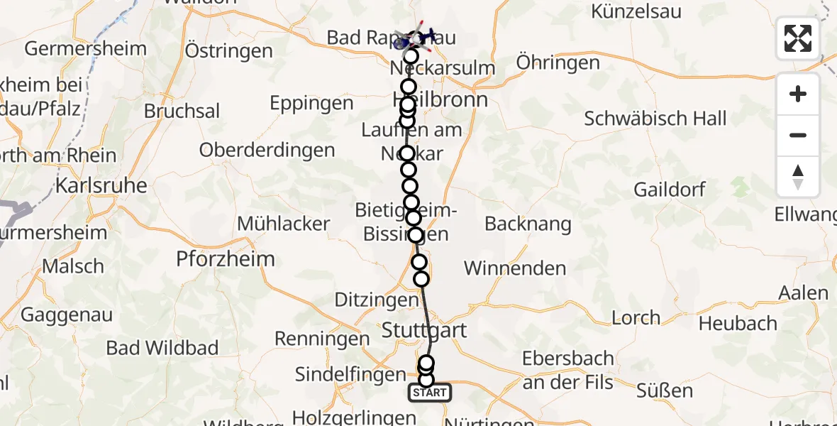 Flugroute Polizeihubschrauber Flughafen Stuttgart - Bad Wimpfen, 16 August 2026, 05:50