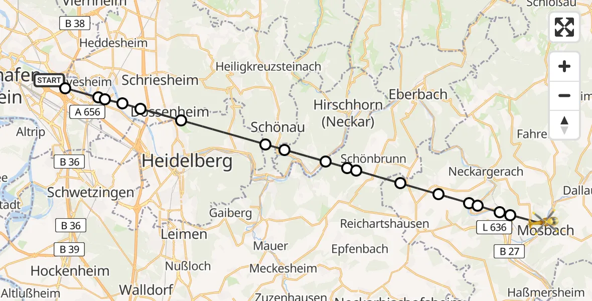 Flugroute Rettungshubschrauber Mannheim-City Flughafen - Mosbach, 16 August 2026, 05:55