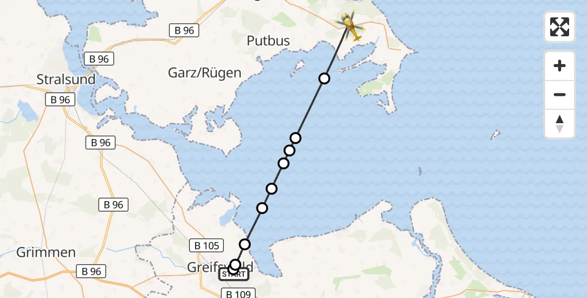 Flugroute Rettungshubschrauber Greifswald Hospital - Lancken-Granitz, 16 August 2026, 05:56