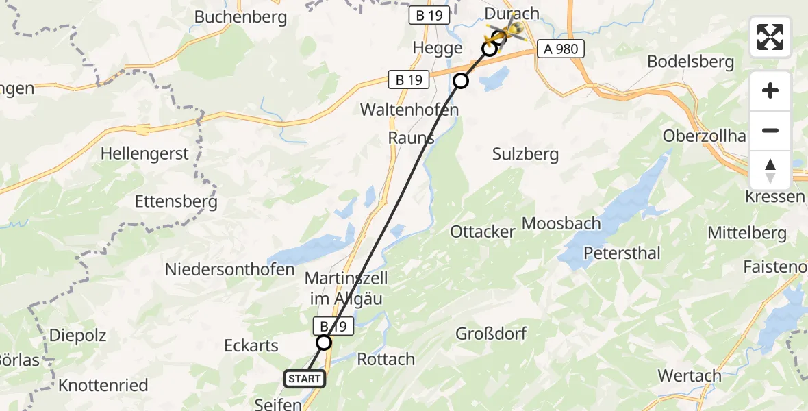 Flugroute Rettungshubschrauber Immenstadt i.Allgäu - Kempten-Durach Flugplatz, 16 August 2026, 06:00