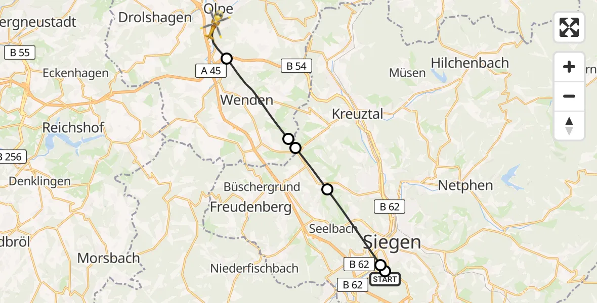 Flugroute Rettungshubschrauber Evangelisches Jung-Stilling Hospital - Olpe, 16 August 2026, 06:01