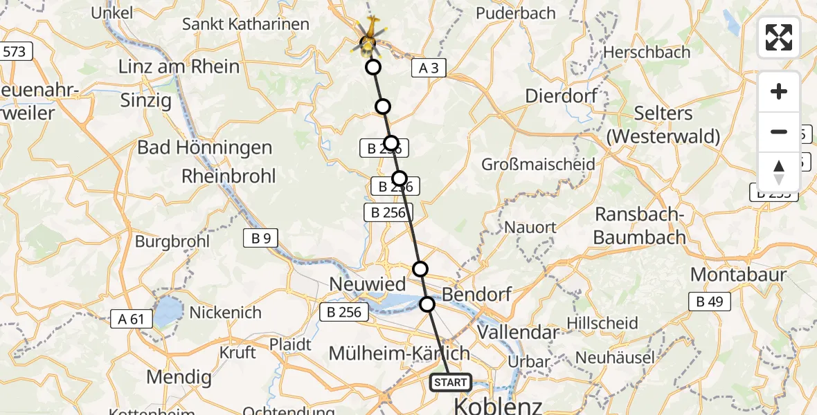 Flugroute Rettungshubschrauber Koblenz - Neustadt (Wied), 16 August 2026, 06:11