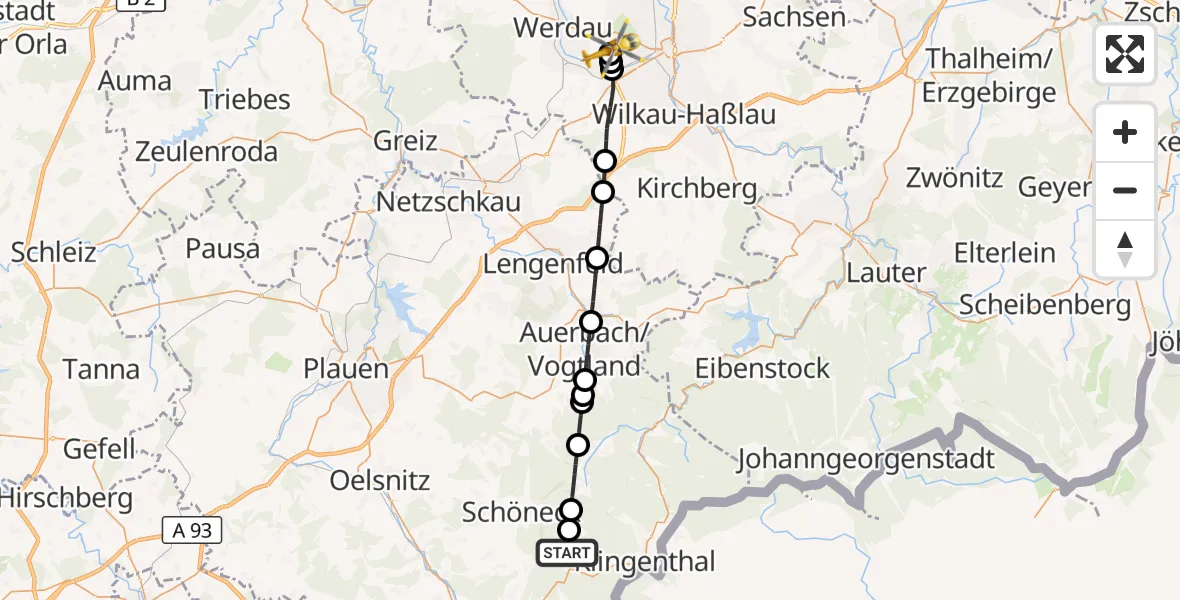 Flugroute Rettungshubschrauber Klingenthal - ADAC Air Rescue Station Zwickau Hubschrauberlandeplatz, 16 August 2026, 06:18