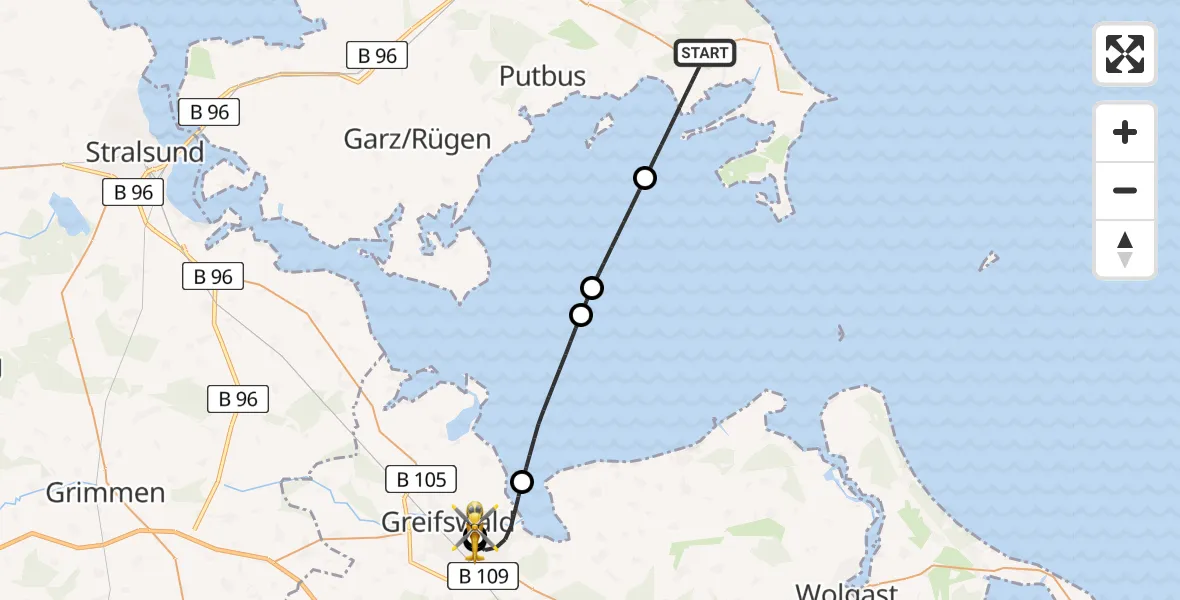 Flugroute Rettungshubschrauber Lancken-Granitz - Greifswald Hospital, 16 August 2026, 06:30