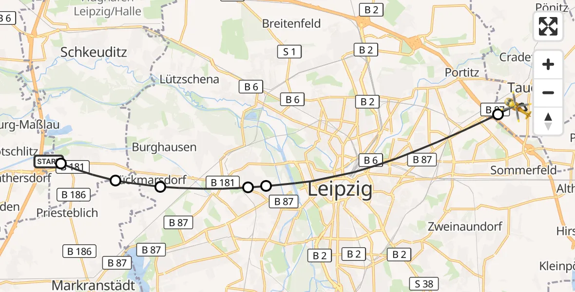 Flugroute Rettungshubschrauber ADAC Air Rescue Station Leipzig/Schkeuditz-Dölzig Hubschrauberlandeplatz (Christoph 61) - Taucha, 16 August 2026, 06:42