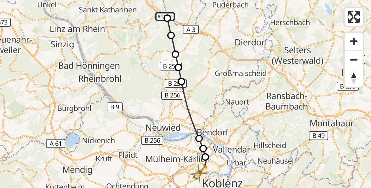 Flugroute Rettungshubschrauber Neustadt (Wied) - Koblenz, 16 August 2026, 06:43