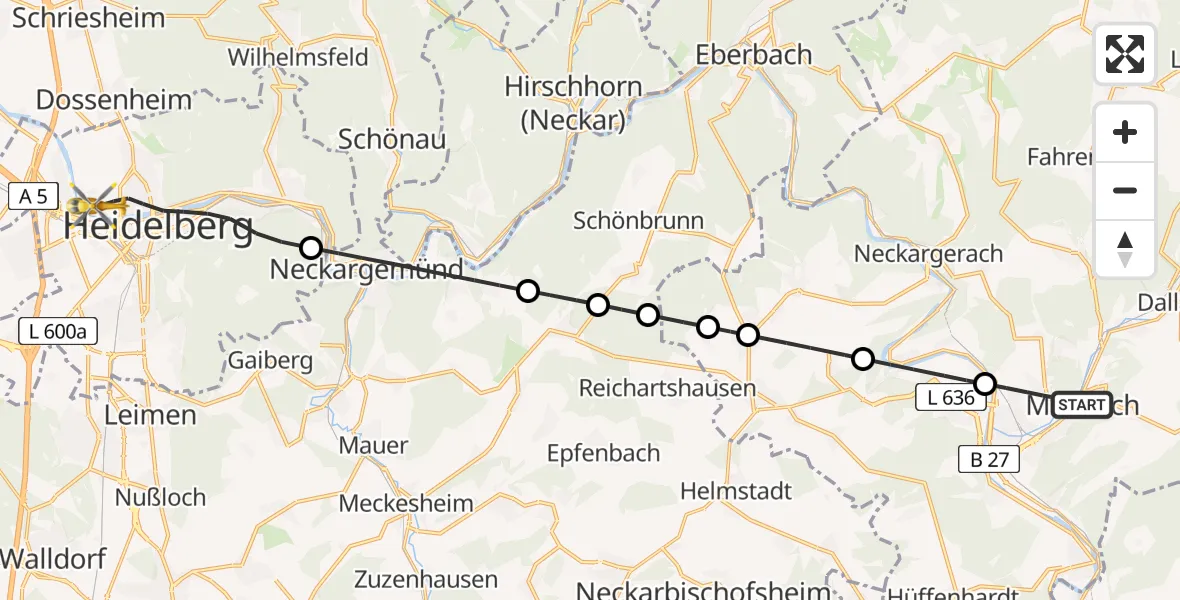 Flugroute Rettungshubschrauber Mosbach - Heidelberg, 16 August 2026, 06:46