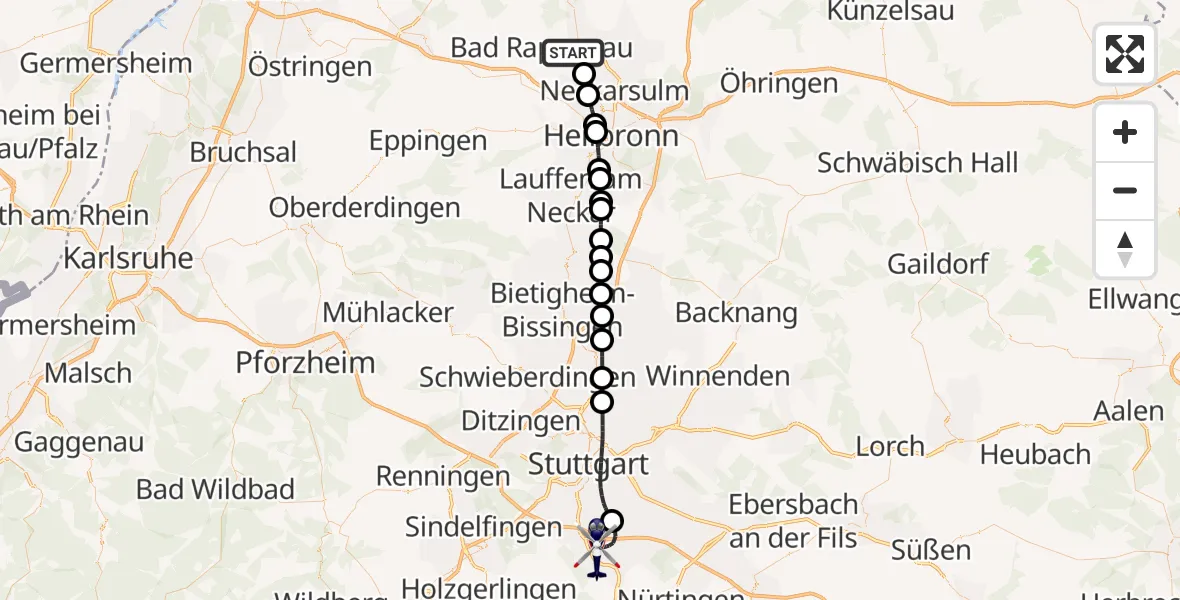 Flugroute Polizeihubschrauber Bad Wimpfen - Flughafen Stuttgart, 16 August 2026, 06:48