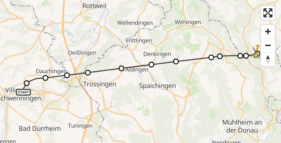 Flugroute Ambulanzhubschrauber DRF Air Rescue Station Villingen-Schwenningen Hubschrauberlandeplatz (Christoph 11) - Nusplingen, 16 August 2026, 06:52
