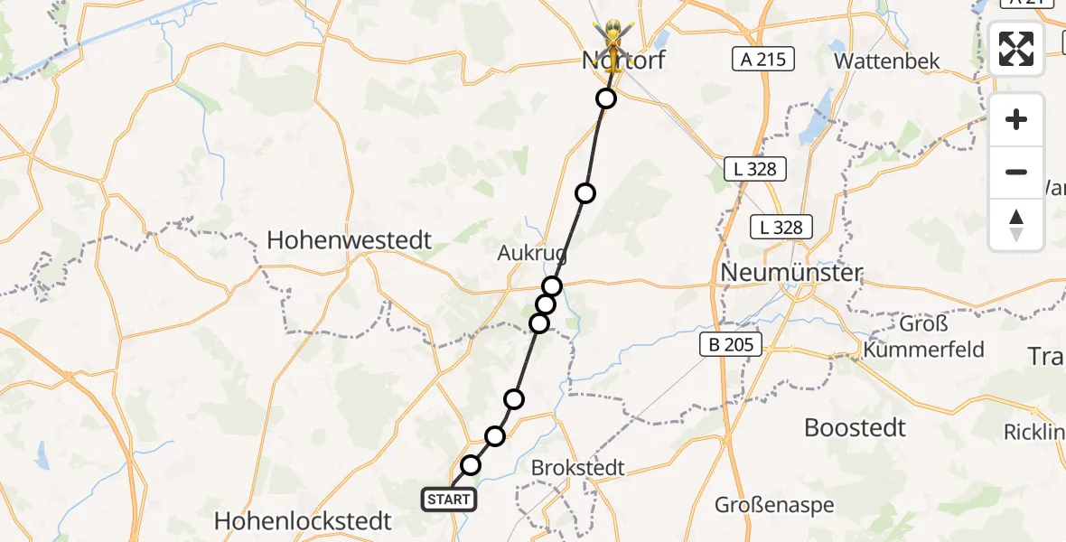 Flugroute Rettungshubschrauber Rosdorf - Nortorf, 16 August 2026, 06:55