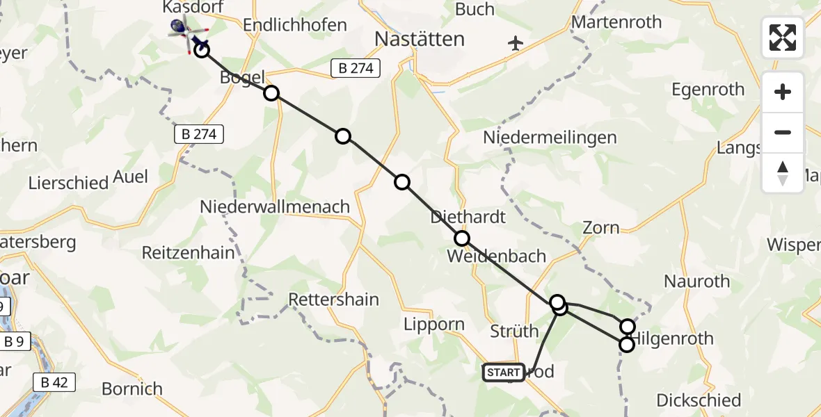 Flugroute Polizeihubschrauber Welterod - Kasdorf, 16 August 2026, 06:57