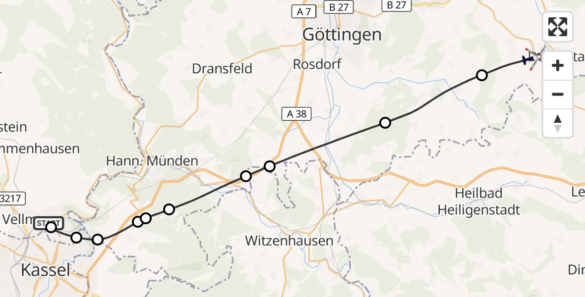 Flugroute Polizeihubschrauber Fuldatal Bundespolizei Hubschrauberlandeplatz - Duderstadt, 16 August 2026, 07:00