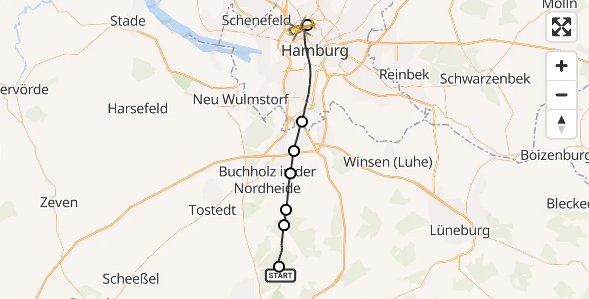 Flugroute Rettungshubschrauber Schneverdingen - Hamburg, 16 August 2026, 07:10