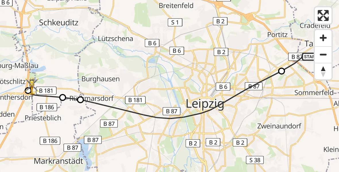 Flugroute Rettungshubschrauber Taucha - ADAC Air Rescue Station Leipzig/Schkeuditz-Dölzig Hubschrauberlandeplatz (Christoph 61), 16 August 2026, 07:11