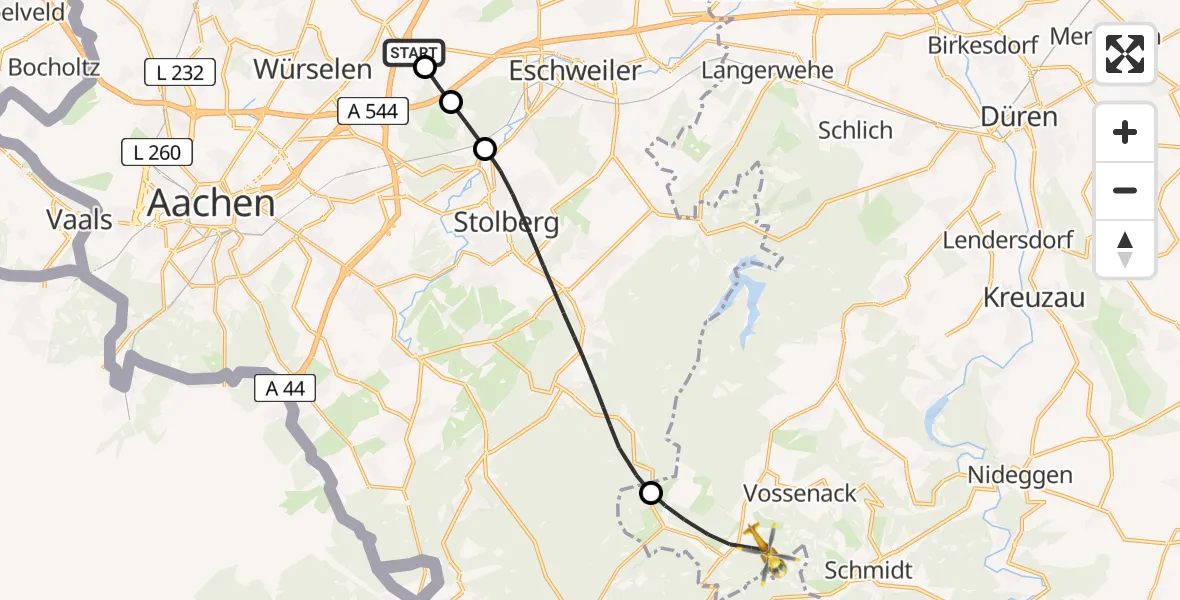 Flugroute Rettungshubschrauber Aachen-Merzbrück Flughafen - Hürtgenwald, 16 August 2026, 07:11