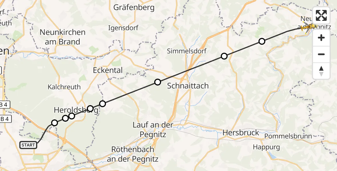 Flugroute Ambulanzhubschrauber Flughafen Nuremberg - Neuhaus a.d.Pegnitz, 16 August 2026, 07:17