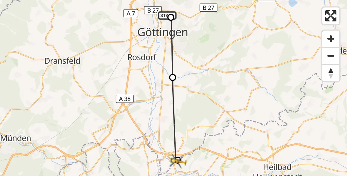 Flugroute Rettungshubschrauber Göttingen University Clinic Hubschrauberlandeplatz - Kirchgandern, 16 August 2026, 07:28