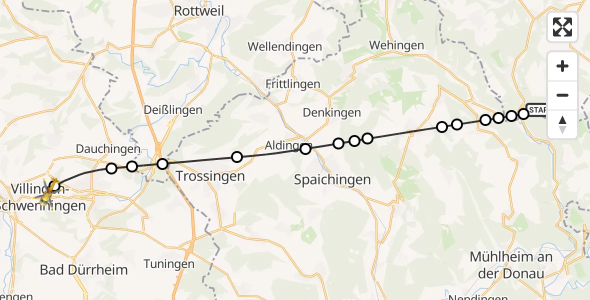 Flugroute Ambulanzhubschrauber Nusplingen - DRF Air Rescue Station Villingen-Schwenningen Hubschrauberlandeplatz (Christoph 11), 16 August 2026, 07:32
