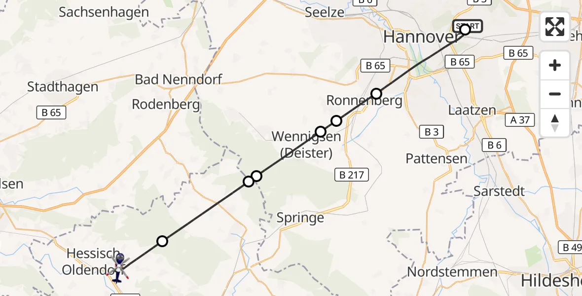 Flugroute Polizeihubschrauber Hannover Luftrettung Hubschrauberlandeplatz (Christoph 4) - Hessisch Oldendorf, 16 August 2026, 07:46