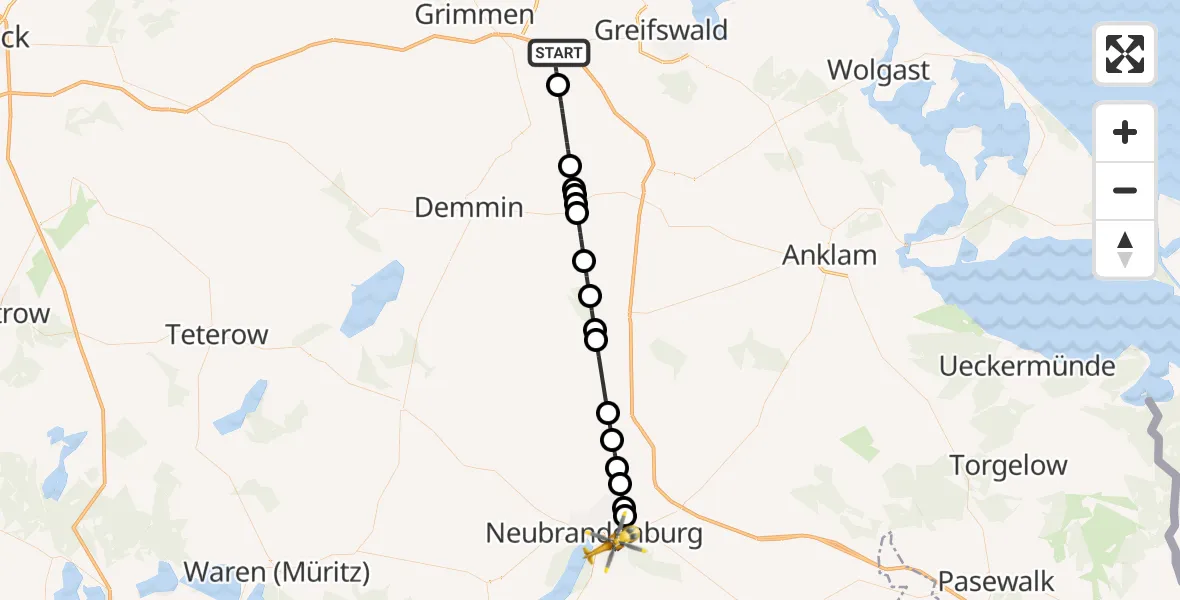 Flugroute Rettungshubschrauber Süderholz - Neubrandenburg, 16 August 2026, 07:49