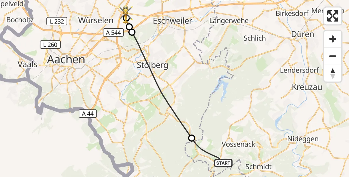 Flugroute Rettungshubschrauber Hürtgenwald - Aachen-Merzbrück Flughafen, 16 August 2026, 07:49