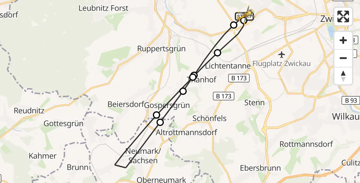 Flugroute Rettungshubschrauber ADAC Air Rescue Station Zwickau Hubschrauberlandeplatz - ADAC Air Rescue Station Zwickau Hubschrauberlandeplatz, 16 August 2026, 07:53