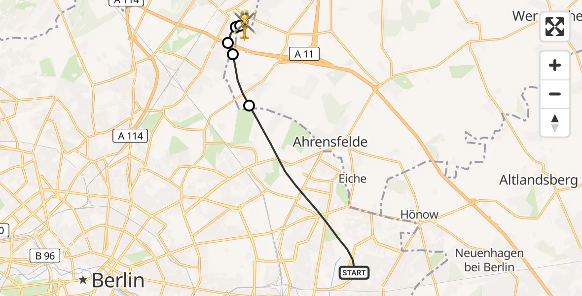 Flugroute Rettungshubschrauber Berlin - Helios Clinic Berlin-Buch, 16 August 2026, 07:55