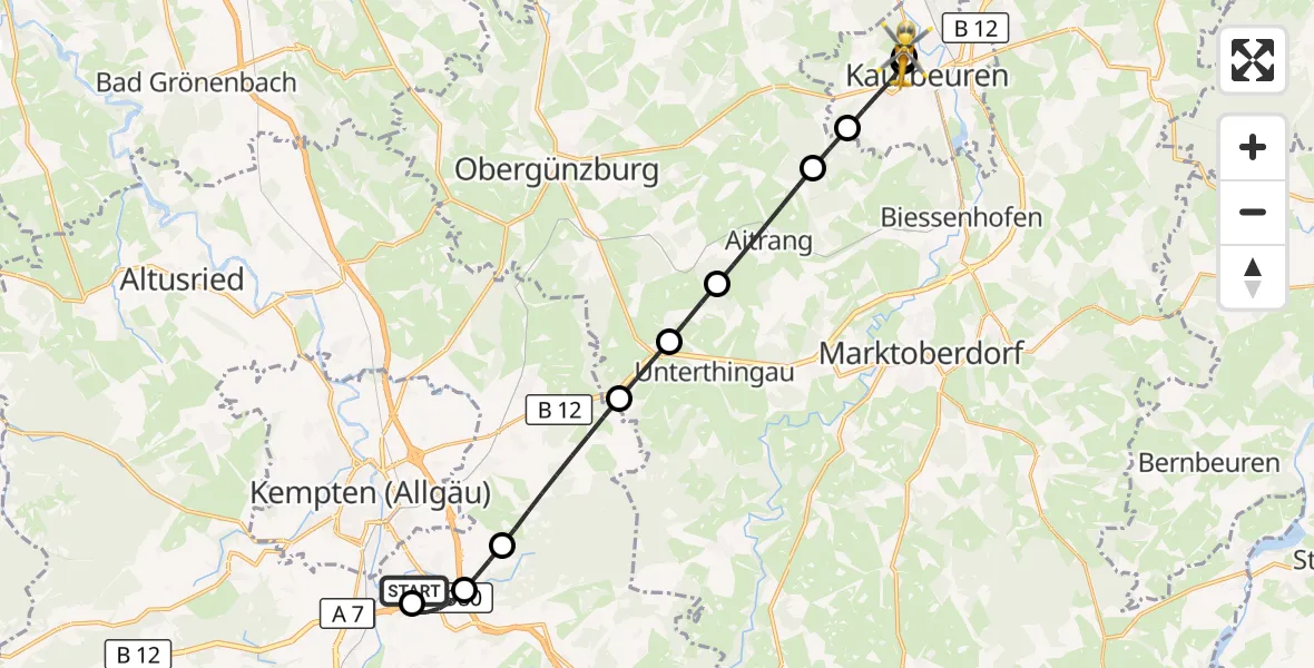 Flugroute Rettungshubschrauber Kempten-Durach Flugplatz - Ostallgäu-Kaufbeuren Hospital, 16 August 2026, 07:57