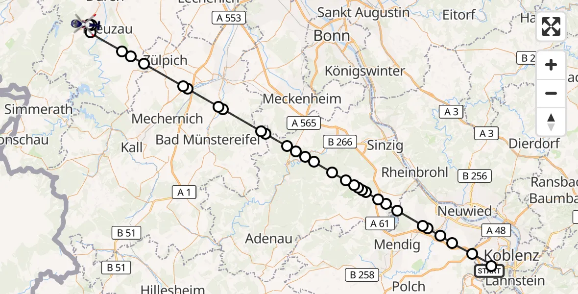 Flugroute Polizeihubschrauber Koblenz-Winningen Flugplatz - Hürtgenwald, 16 August 2026, 08:04