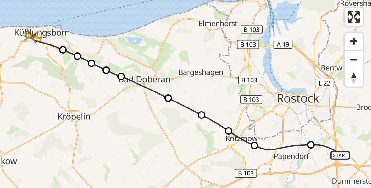 Flugroute Ambulanzhubschrauber Dummerstorf - Kühlungsborn, 16 August 2026, 08:07