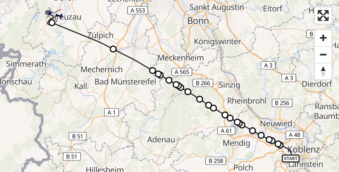 Flugroute Polizeihubschrauber Koblenz - Hürtgenwald, 16 August 2026, 08:12