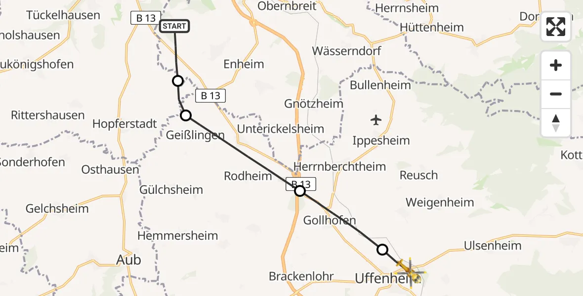 Flugroute Rettungshubschrauber Marktbreit - Uffenheim, 16 August 2026, 08:13
