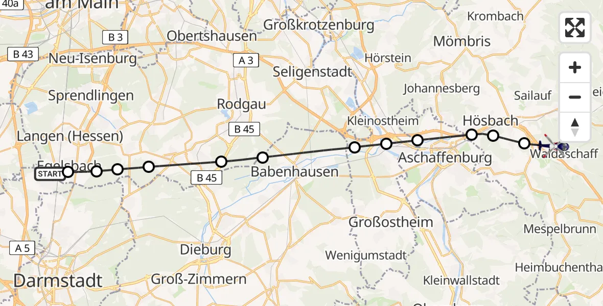 Flugroute Polizeihubschrauber Flughafen Frankfurt-Egelsbach - Waldaschaff, 16 August 2026, 08:22